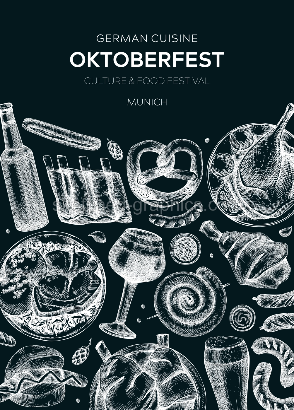 Oktoberfest background on chalkboard. German food and drinks menu design. Vector meat dishes sketches. German cuisine vintage wreath. Popular beer festival illustration in sketched style.  Illustration